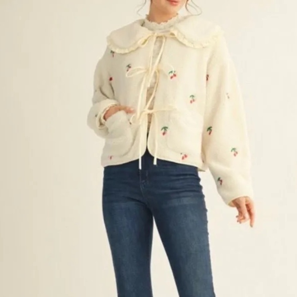 JODIFL Cream Teddy Jacket with Cherry Accents